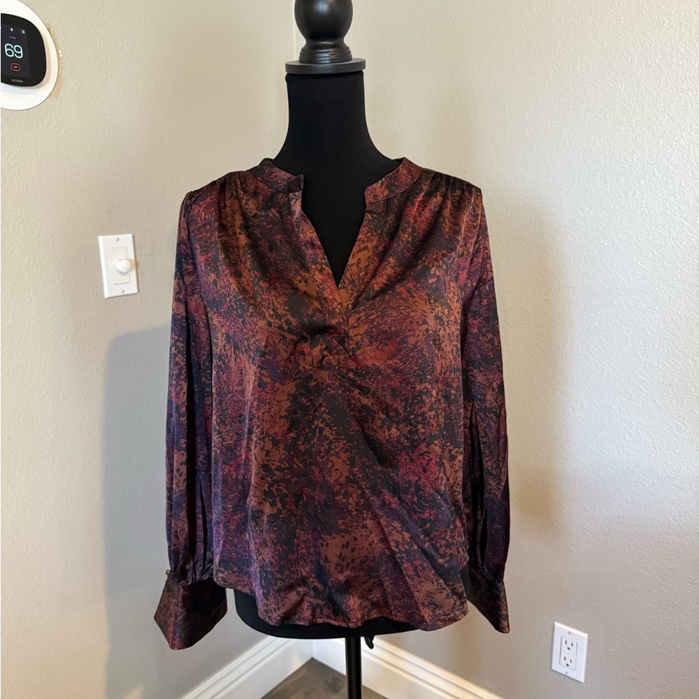 Evereve Red Blouse with Puff Sleeves and Mandarin Collar